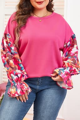 image-Bright Pink Floral Patchwork Flounce Sleeve Rib Knit Plus Top