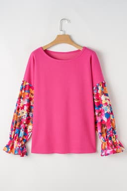 image-Bright Pink Floral Patchwork Flounce Sleeve Rib Knit Plus Top