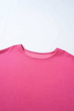 image-Bright Pink Floral Patchwork Flounce Sleeve Rib Knit Plus Top