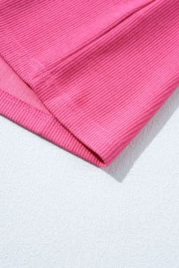image-Bright Pink Floral Patchwork Flounce Sleeve Rib Knit Plus Top