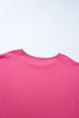 image-Bright Pink Floral Patchwork Flounce Sleeve Rib Knit Plus Top