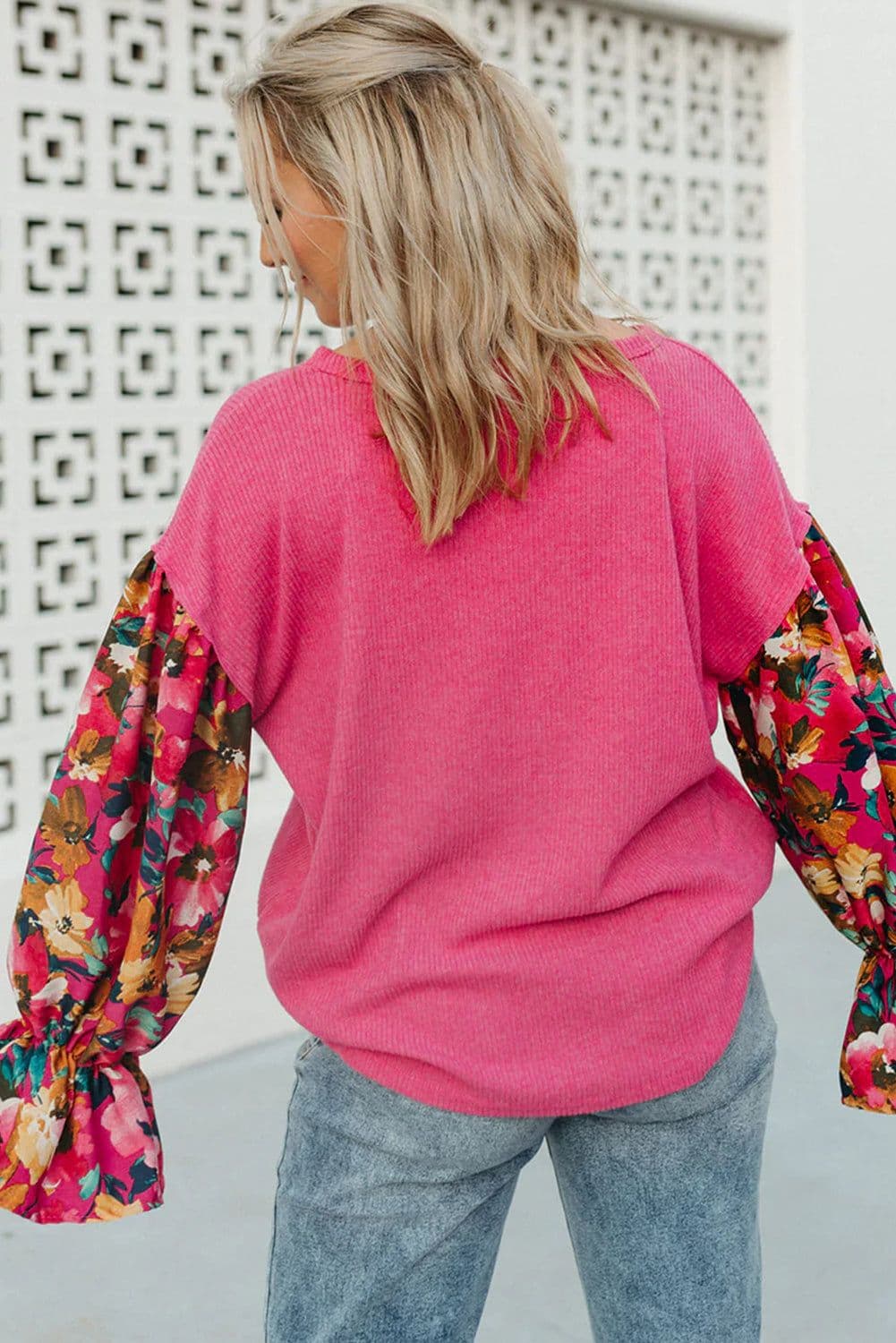 image-Bright Pink Floral Patchwork Flounce Sleeve Rib Knit Plus Top