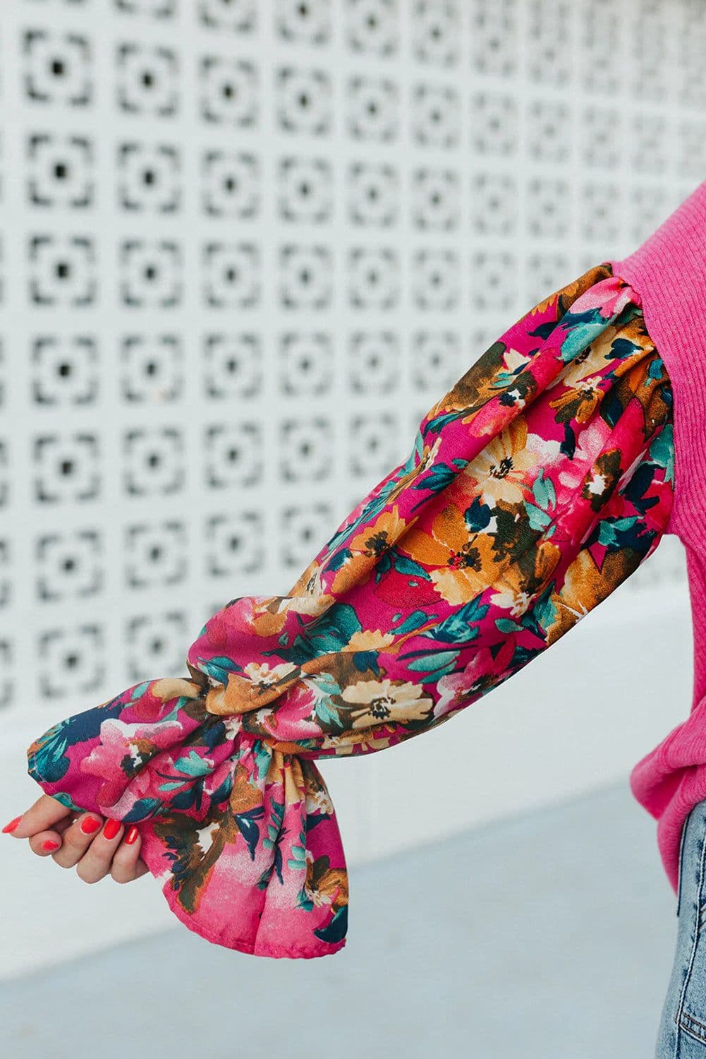 image-Bright Pink Floral Patchwork Flounce Sleeve Rib Knit Plus Top