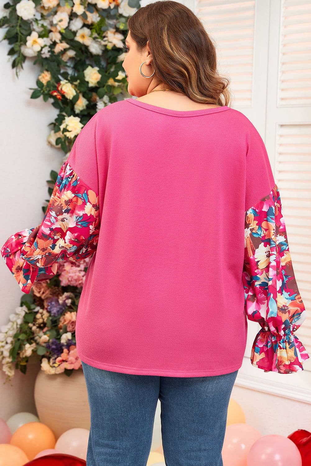 image-Bright Pink Floral Patchwork Flounce Sleeve Rib Knit Plus Top