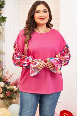 image-Bright Pink Floral Patchwork Flounce Sleeve Rib Knit Plus Top