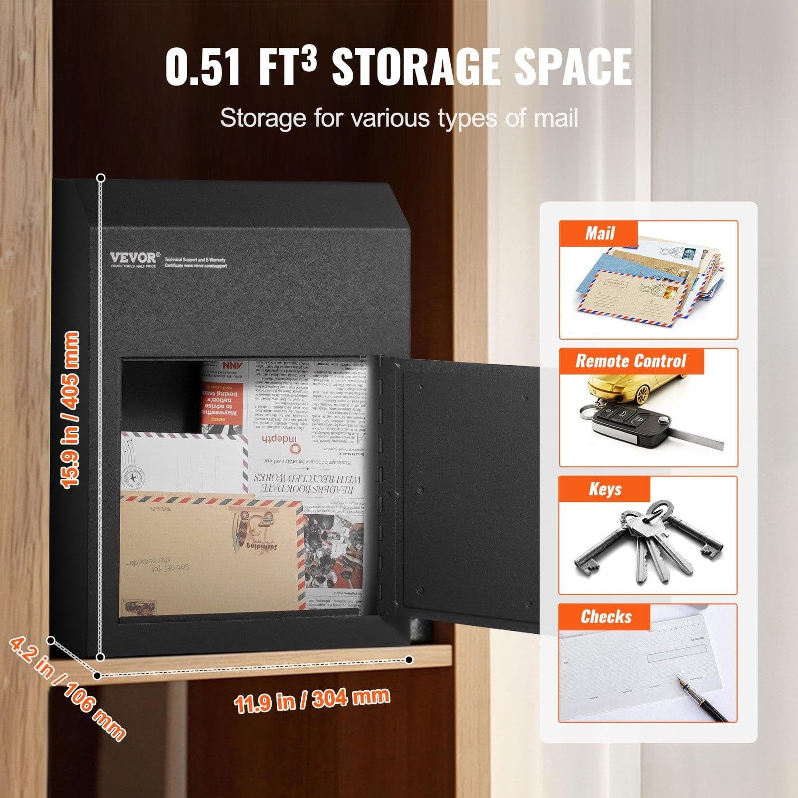 image-VEVOR Through The Door Key Drop Box, Heavy Duty Steel Through the Door Mailbox with 1.8" 12" Key Lock, 12x6x16" Mail Drop Box, Black