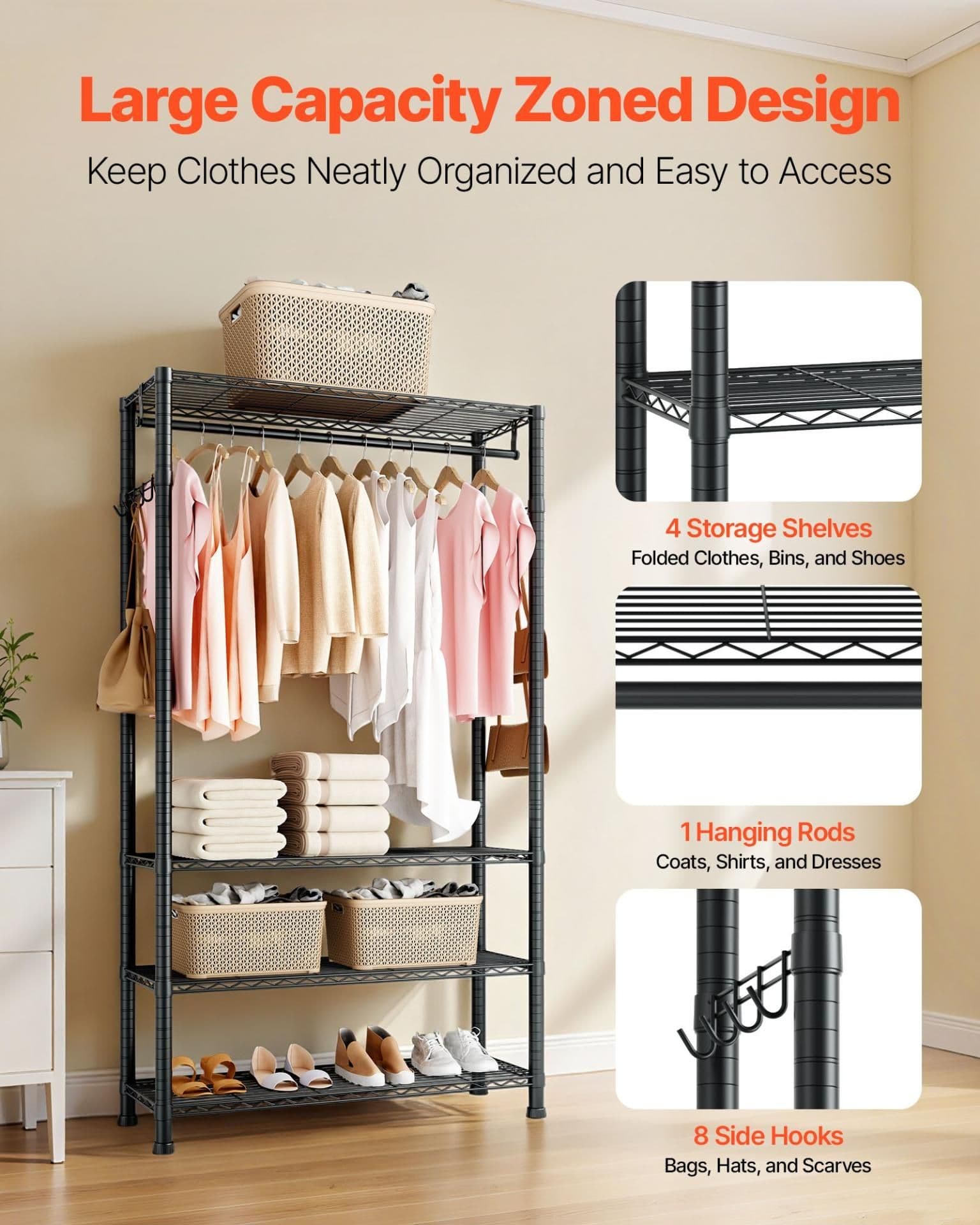 image-VEVOR Heavy Duty Clothing Rack - 4-Tier Carbon Steel 500lbs