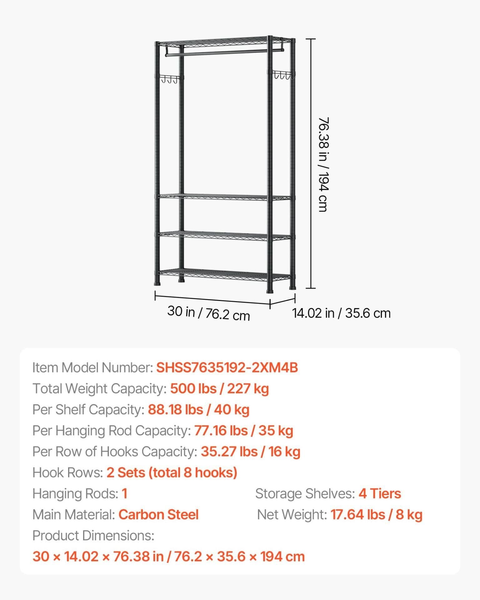 image-VEVOR Heavy Duty Clothing Rack - 4-Tier Carbon Steel 500lbs