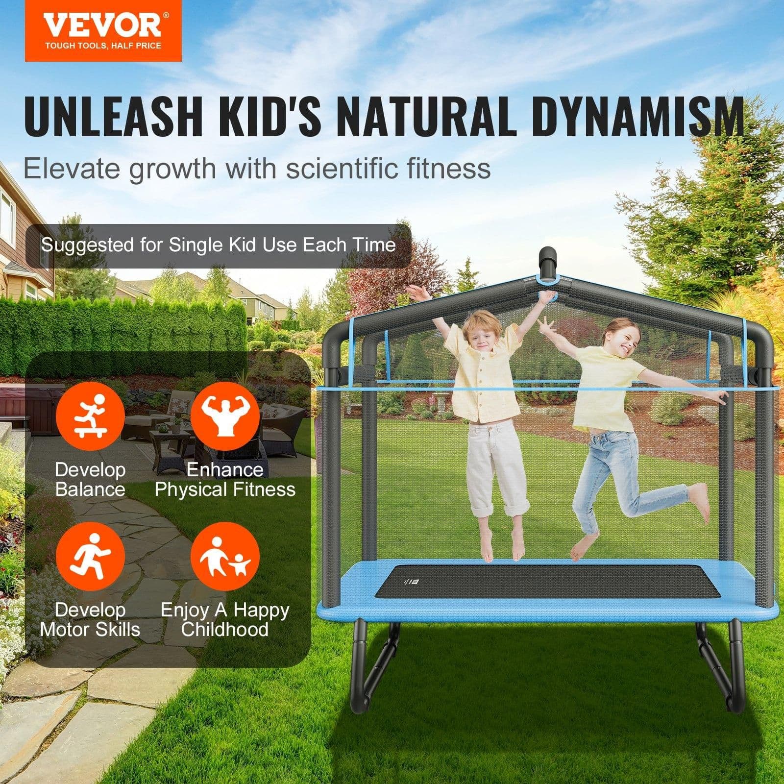 image-VEVOR 6FT Trampoline for Kids, 72" Indoor/Outdoor Toddlers Trampoline, Mini Baby Trampoline with Safety Enclosure Net, Gymnastics Bar, Hammock, Recreational Trampoline Birthday Gift for 3+ Years Kids
