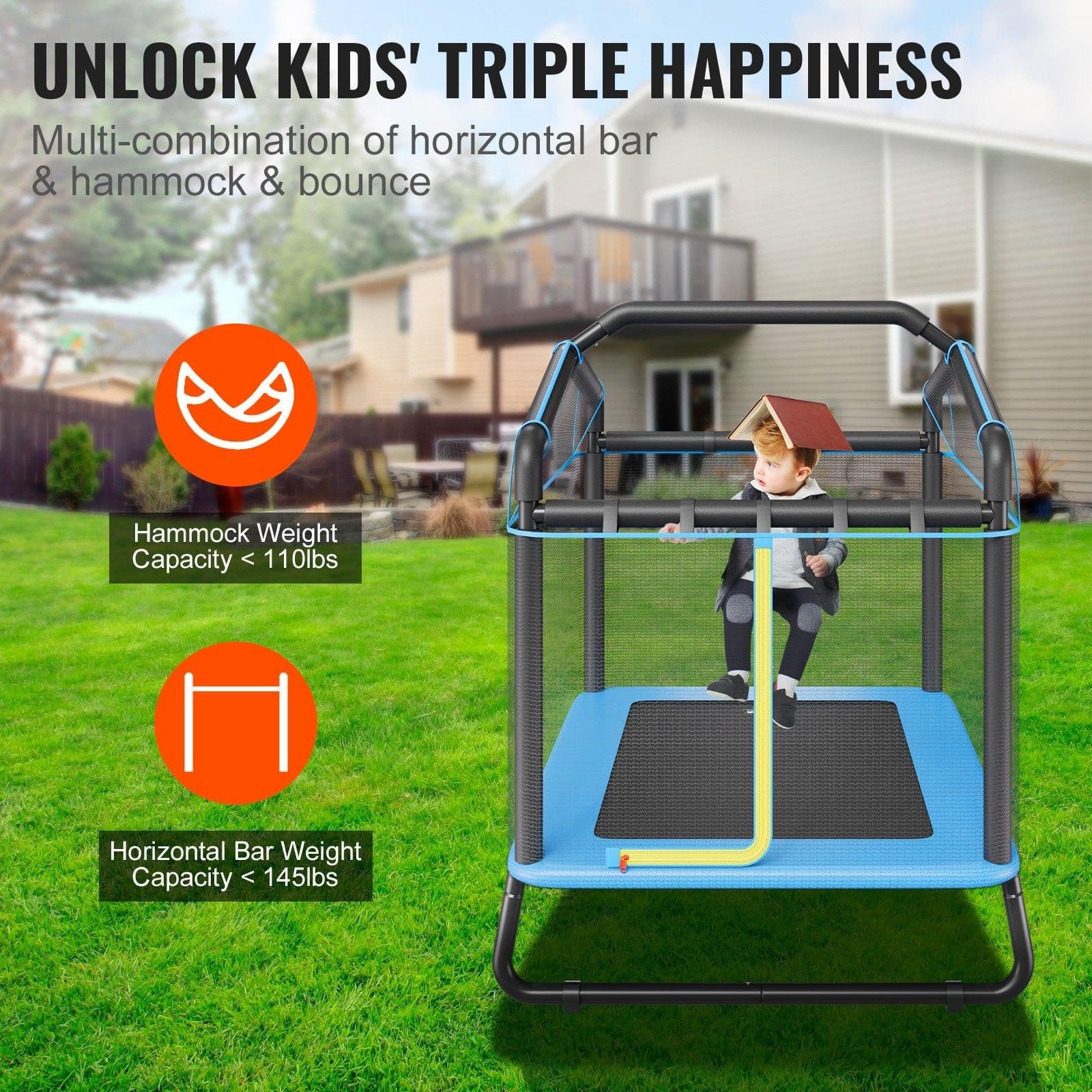image-VEVOR 6FT Trampoline for Kids, 72" Indoor/Outdoor Toddlers Trampoline, Mini Baby Trampoline with Safety Enclosure Net, Gymnastics Bar, Hammock, Recreational Trampoline Birthday Gift for 3+ Years Kids