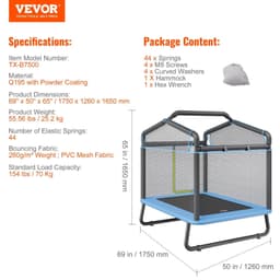 image-VEVOR 6FT Trampoline for Kids, 72" Indoor/Outdoor Toddlers Trampoline, Mini Baby Trampoline with Safety Enclosure Net, Gymnastics Bar, Hammock, Recreational Trampoline Birthday Gift for 3+ Years Kids