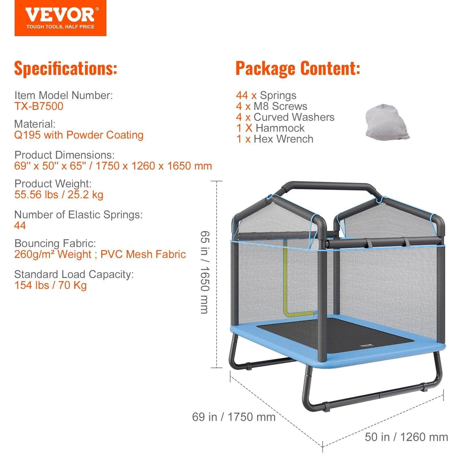 image-VEVOR 6FT Trampoline for Kids, 72" Indoor/Outdoor Toddlers Trampoline, Mini Baby Trampoline with Safety Enclosure Net, Gymnastics Bar, Hammock, Recreational Trampoline Birthday Gift for 3+ Years Kids