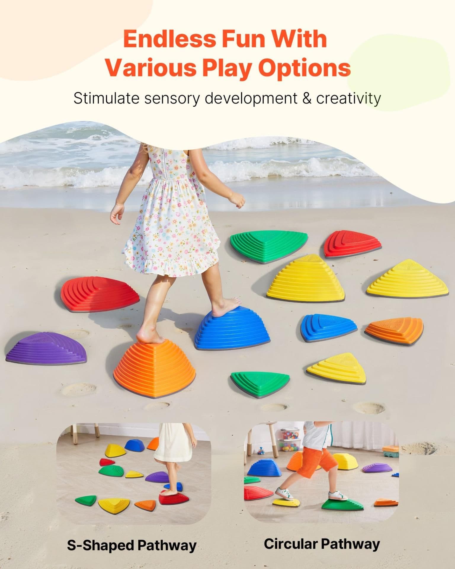 image-VEVOR Balance Stepping Stones for Kids, 12 PCS, Up to 220 lbs, Non-Slip Toddlers Sensory Stepping Stones, Obstacle Course Coordination Game Toys Indoor or Outdoor Play for Children Aged 3 4 5 6 7 8+