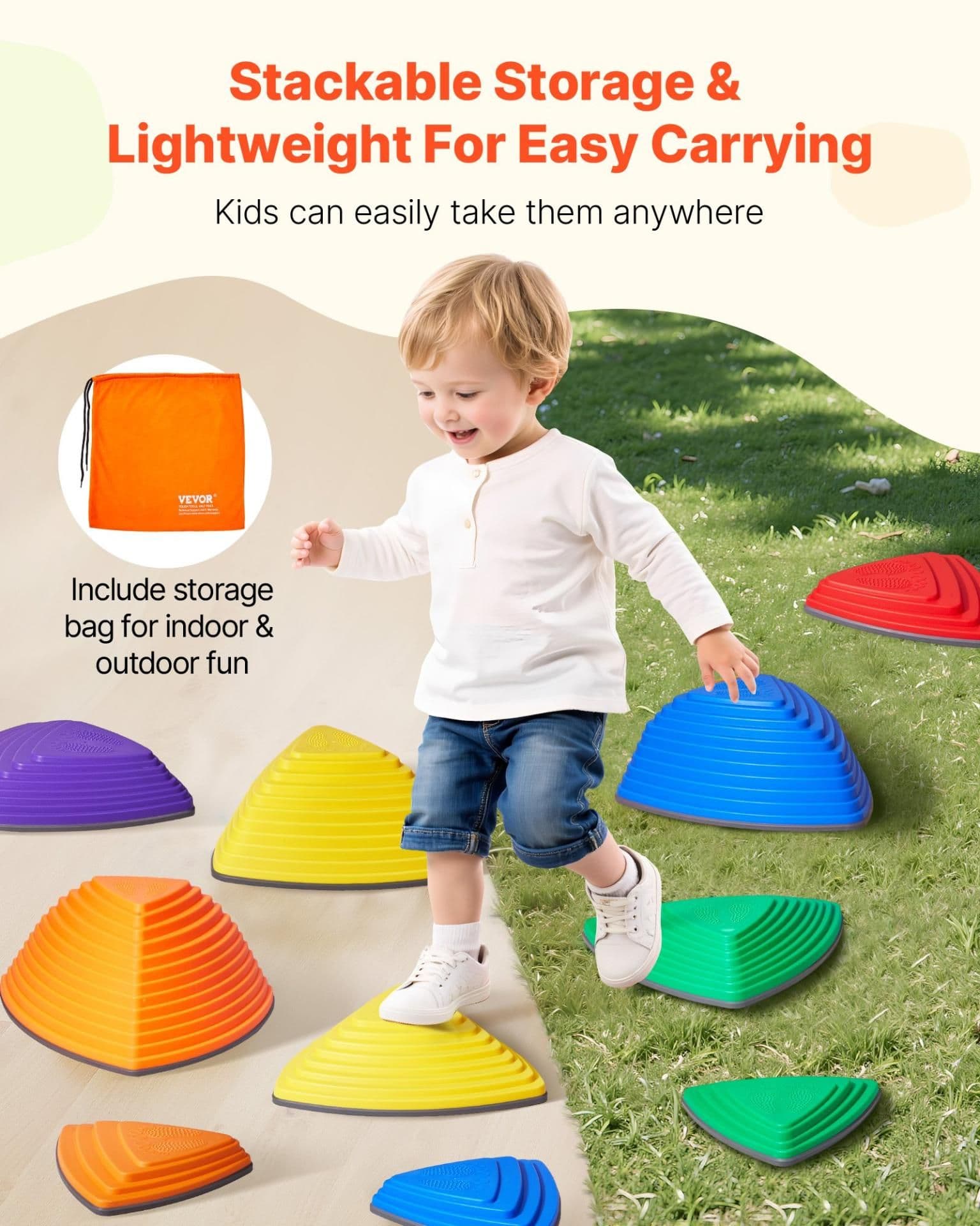 image-VEVOR Balance Stepping Stones for Kids, 12 PCS, Up to 220 lbs, Non-Slip Toddlers Sensory Stepping Stones, Obstacle Course Coordination Game Toys Indoor or Outdoor Play for Children Aged 3 4 5 6 7 8+