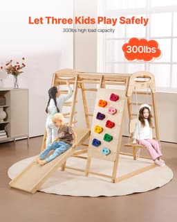 image-VEVOR Indoor Jungle Gym, 7-in-1 Toddler Indoor Playground, 43 x 47.2 x 47 inch, with Wood and Rope Ladder, Net Ladder, Swing, Monkey Bar, Slide, Climbing Wall, Wooden Indoor Climbing Toys for Kids