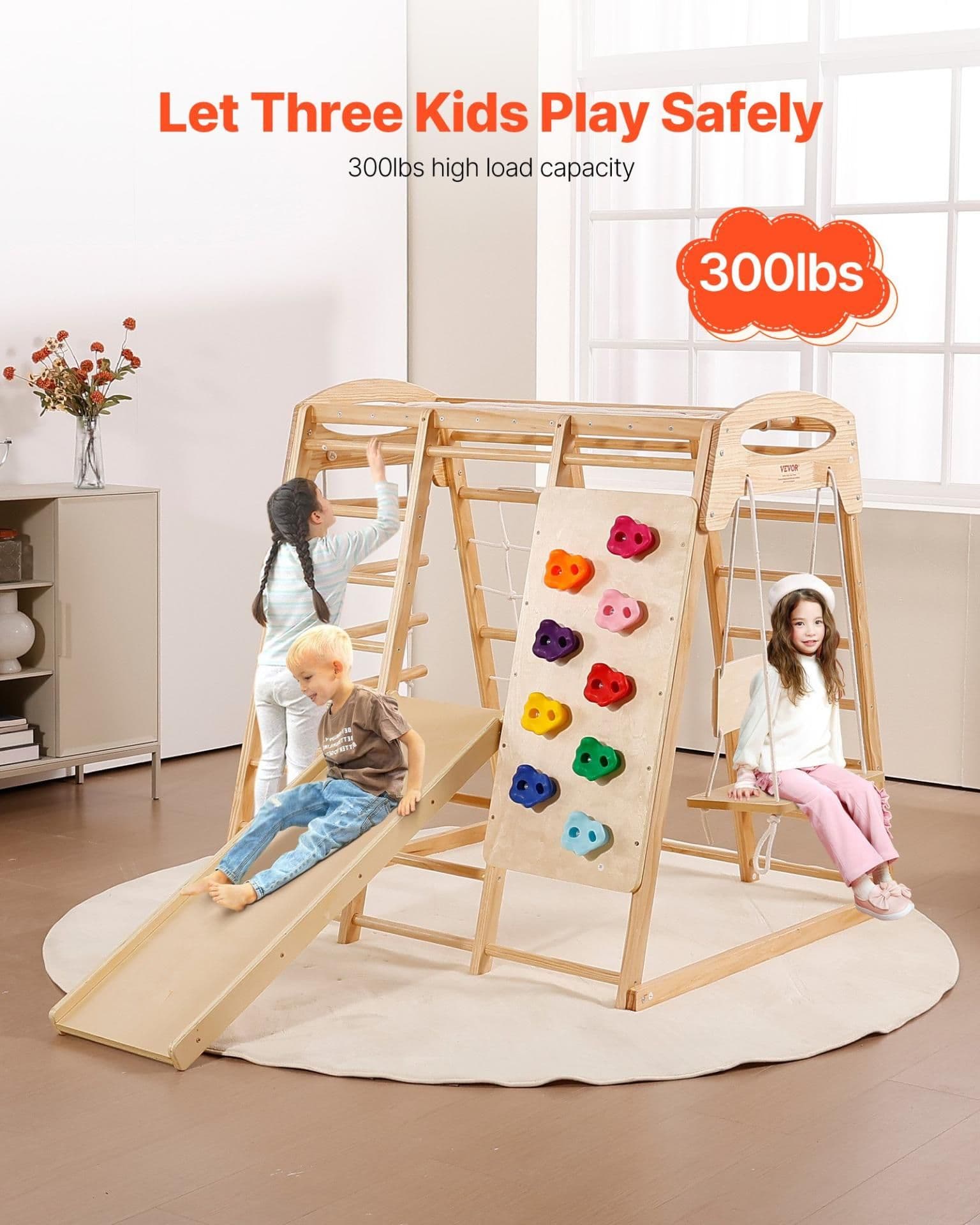 image-VEVOR Indoor Jungle Gym, 7-in-1 Toddler Indoor Playground, 43 x 47.2 x 47 inch, with Wood and Rope Ladder, Net Ladder, Swing, Monkey Bar, Slide, Climbing Wall, Wooden Indoor Climbing Toys for Kids