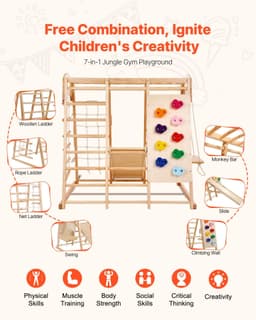 image-VEVOR Indoor Jungle Gym, 7-in-1 Toddler Indoor Playground, 43 x 47.2 x 47 inch, with Wood and Rope Ladder, Net Ladder, Swing, Monkey Bar, Slide, Climbing Wall, Wooden Indoor Climbing Toys for Kids