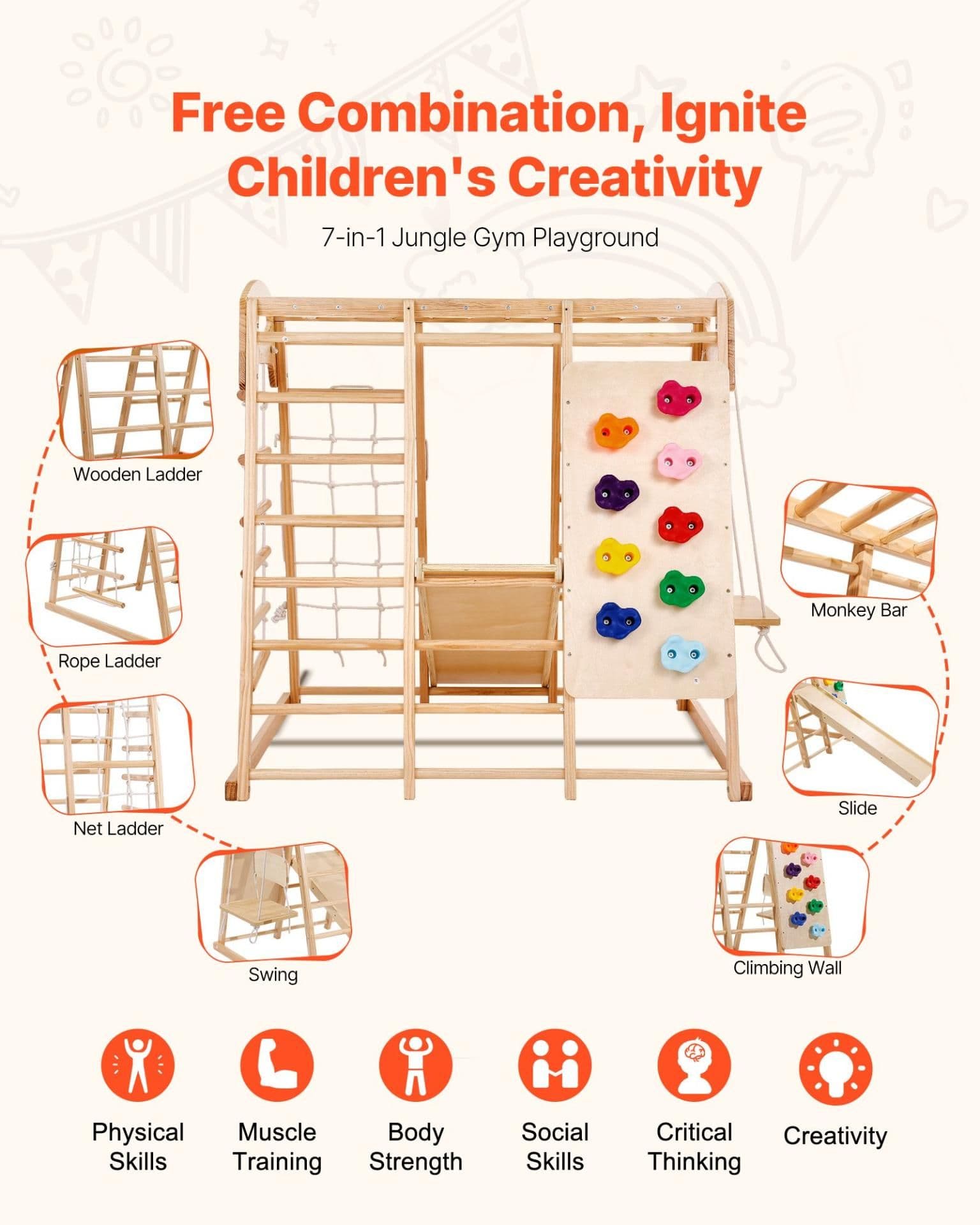 image-VEVOR Indoor Jungle Gym, 7-in-1 Toddler Indoor Playground, 43 x 47.2 x 47 inch, with Wood and Rope Ladder, Net Ladder, Swing, Monkey Bar, Slide, Climbing Wall, Wooden Indoor Climbing Toys for Kids