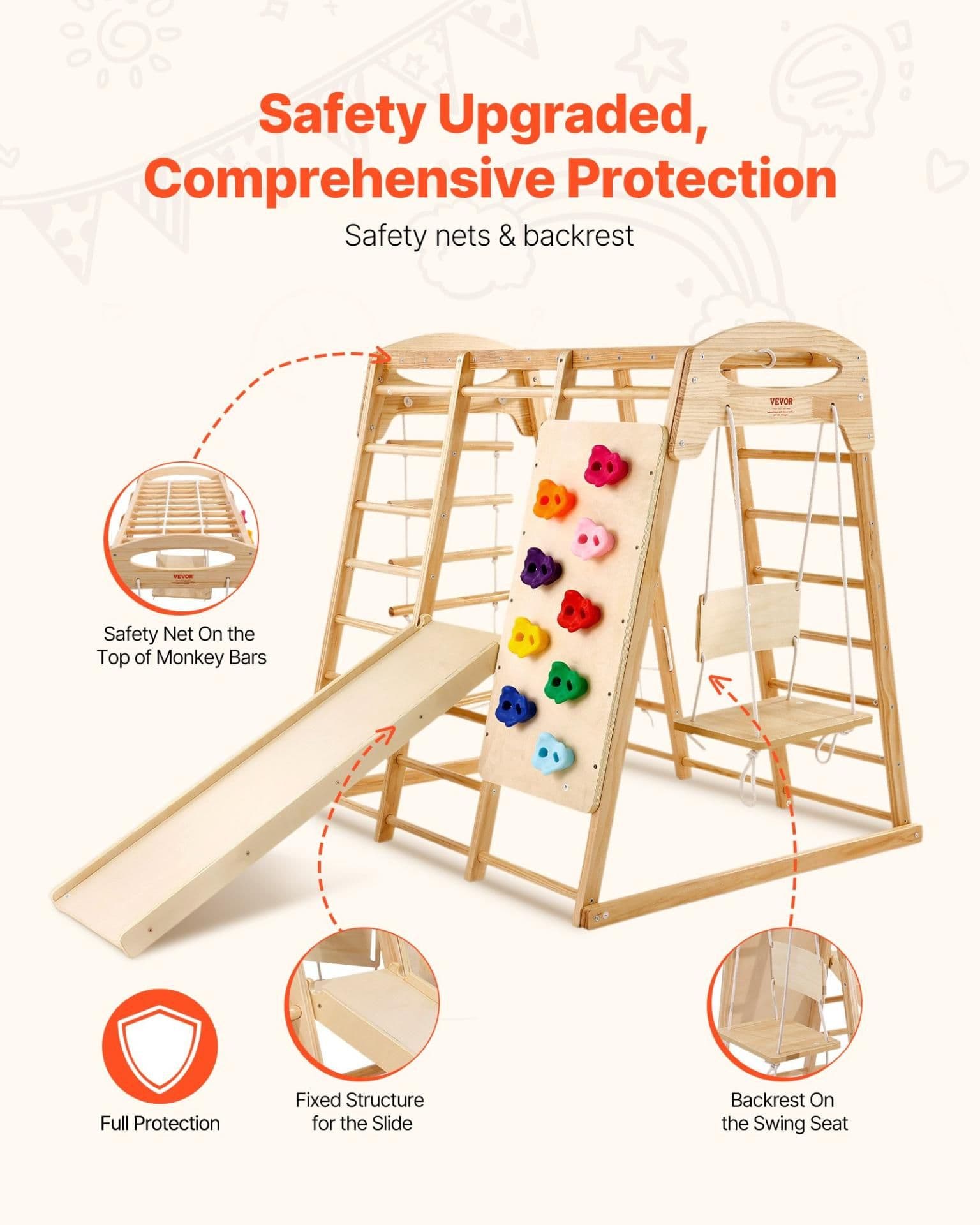 image-VEVOR Indoor Jungle Gym, 7-in-1 Toddler Indoor Playground, 43 x 47.2 x 47 inch, with Wood and Rope Ladder, Net Ladder, Swing, Monkey Bar, Slide, Climbing Wall, Wooden Indoor Climbing Toys for Kids