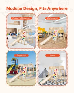 image-VEVOR Indoor Jungle Gym, 7-in-1 Toddler Indoor Playground, 43 x 47.2 x 47 inch, with Wood and Rope Ladder, Net Ladder, Swing, Monkey Bar, Slide, Climbing Wall, Wooden Indoor Climbing Toys for Kids