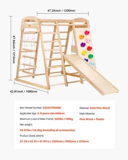 image-VEVOR Indoor Jungle Gym, 7-in-1 Toddler Indoor Playground, 43 x 47.2 x 47 inch, with Wood and Rope Ladder, Net Ladder, Swing, Monkey Bar, Slide, Climbing Wall, Wooden Indoor Climbing Toys for Kids