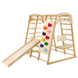 image-VEVOR Indoor Jungle Gym, 7-in-1 Toddler Indoor Playground, 43 x 47.2 x 47 inch, with Wood and Rope Ladder, Net Ladder, Swing, Monkey Bar, Slide, Climbing Wall, Wooden Indoor Climbing Toys for Kids