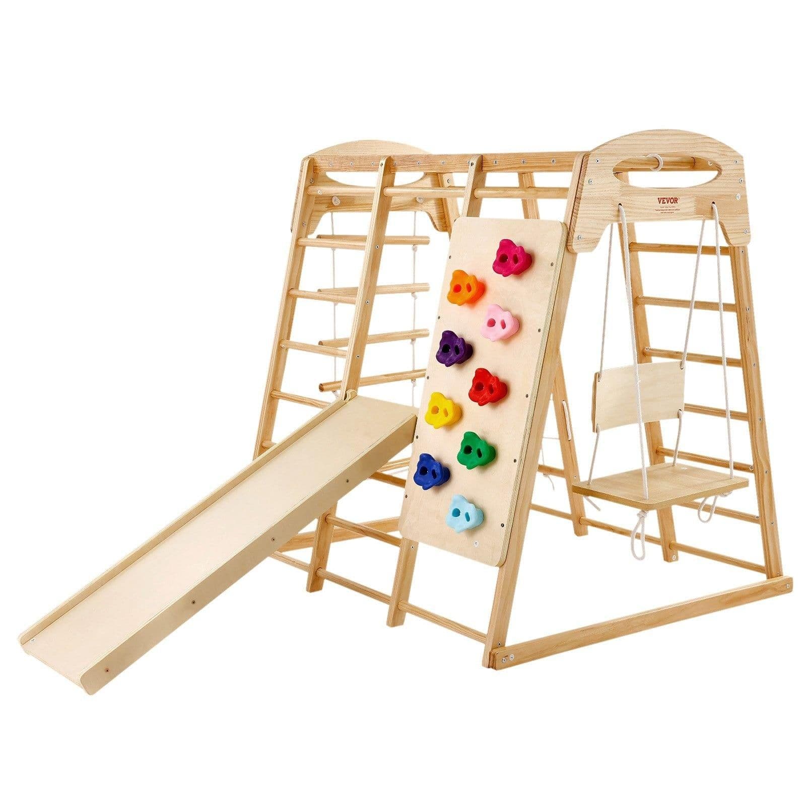 image-VEVOR Indoor Jungle Gym, 7-in-1 Toddler Indoor Playground, 43 x 47.2 x 47 inch, with Wood and Rope Ladder, Net Ladder, Swing, Monkey Bar, Slide, Climbing Wall, Wooden Indoor Climbing Toys for Kids