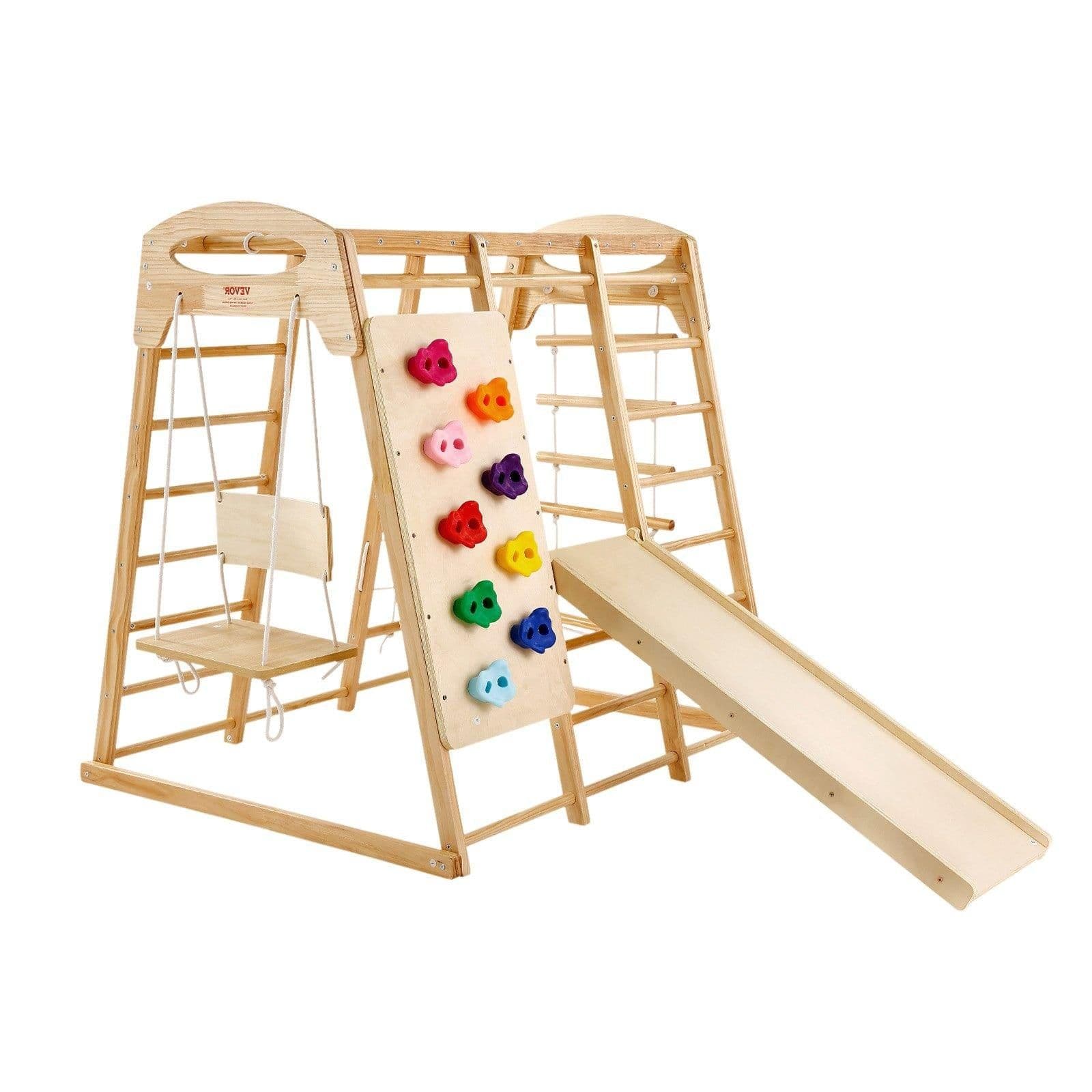 image-VEVOR Indoor Jungle Gym, 7-in-1 Toddler Indoor Playground, 43 x 47.2 x 47 inch, with Wood and Rope Ladder, Net Ladder, Swing, Monkey Bar, Slide, Climbing Wall, Wooden Indoor Climbing Toys for Kids