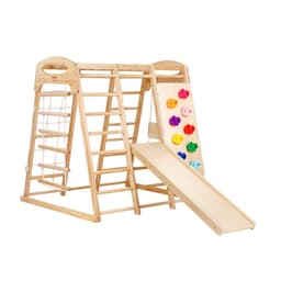 image-VEVOR Indoor Jungle Gym, 7-in-1 Toddler Indoor Playground, 43 x 47.2 x 47 inch, with Wood and Rope Ladder, Net Ladder, Swing, Monkey Bar, Slide, Climbing Wall, Wooden Indoor Climbing Toys for Kids
