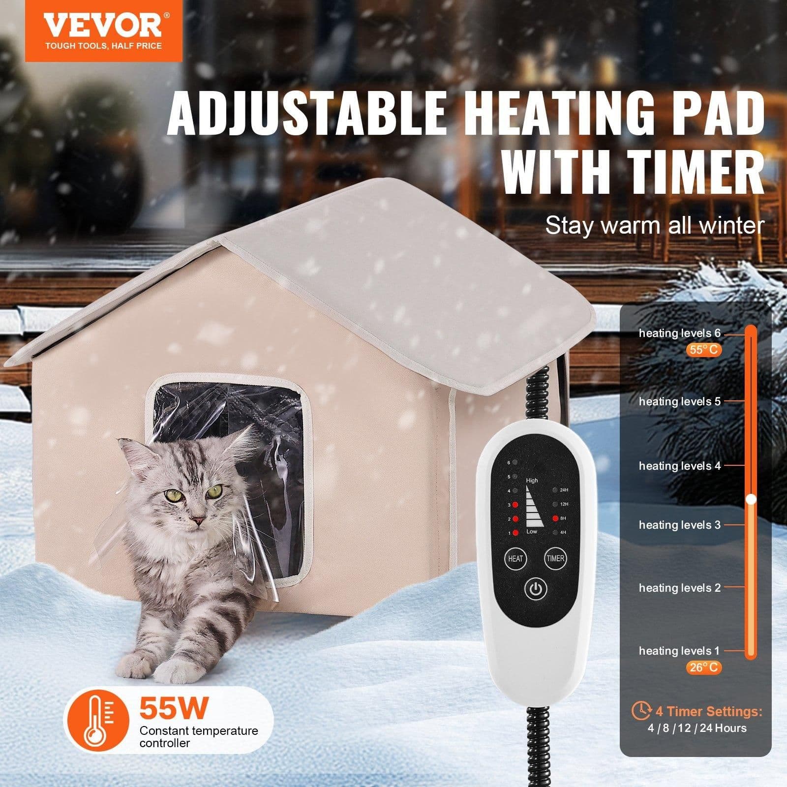 image-VEVOR Elevated Heated Cat House, Outdoor Kitty Shelter with Timer, 600D Oxford Cloth Foldable Cat Shelter with Heated Pad for Winter to Stay Warm and Cozy, Brown (Middle)