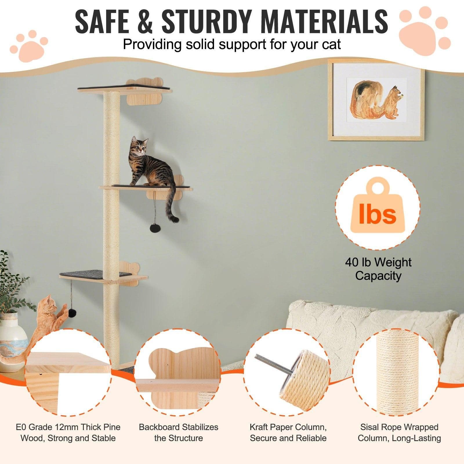 image-VEVOR 4 Tiers Cat Tree, Cat Wall Furniture Set with 4 Jumping Boards, Wall-Mounted Cat Floating Shelf up to 40 lbs, 12 mm Pine Wood Cat Perch for Sleeping, Playing, and Climbing