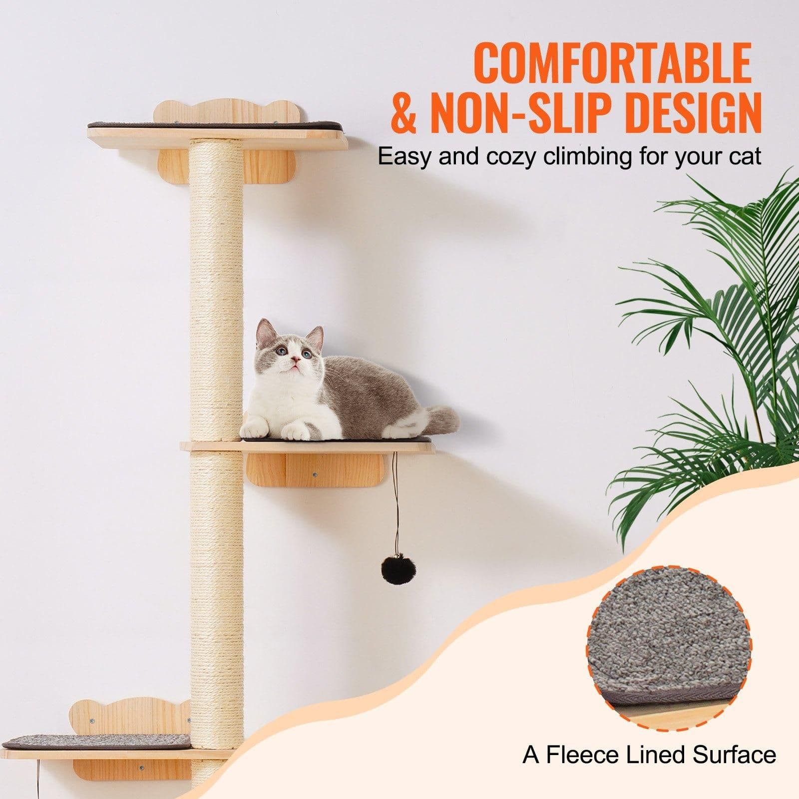 image-VEVOR 4 Tiers Cat Tree, Cat Wall Furniture Set with 4 Jumping Boards, Wall-Mounted Cat Floating Shelf up to 40 lbs, 12 mm Pine Wood Cat Perch for Sleeping, Playing, and Climbing