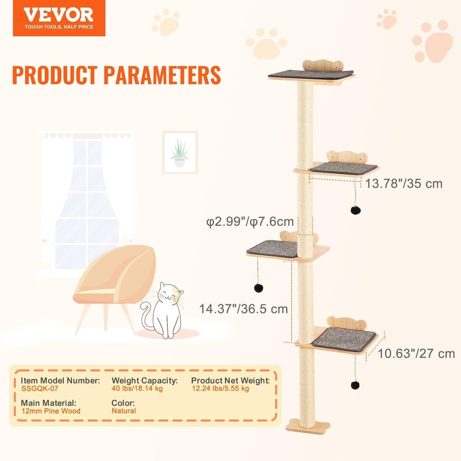 image-VEVOR 4 Tiers Cat Tree, Cat Wall Furniture Set with 4 Jumping Boards, Wall-Mounted Cat Floating Shelf up to 40 lbs, 12 mm Pine Wood Cat Perch for Sleeping, Playing, and Climbing