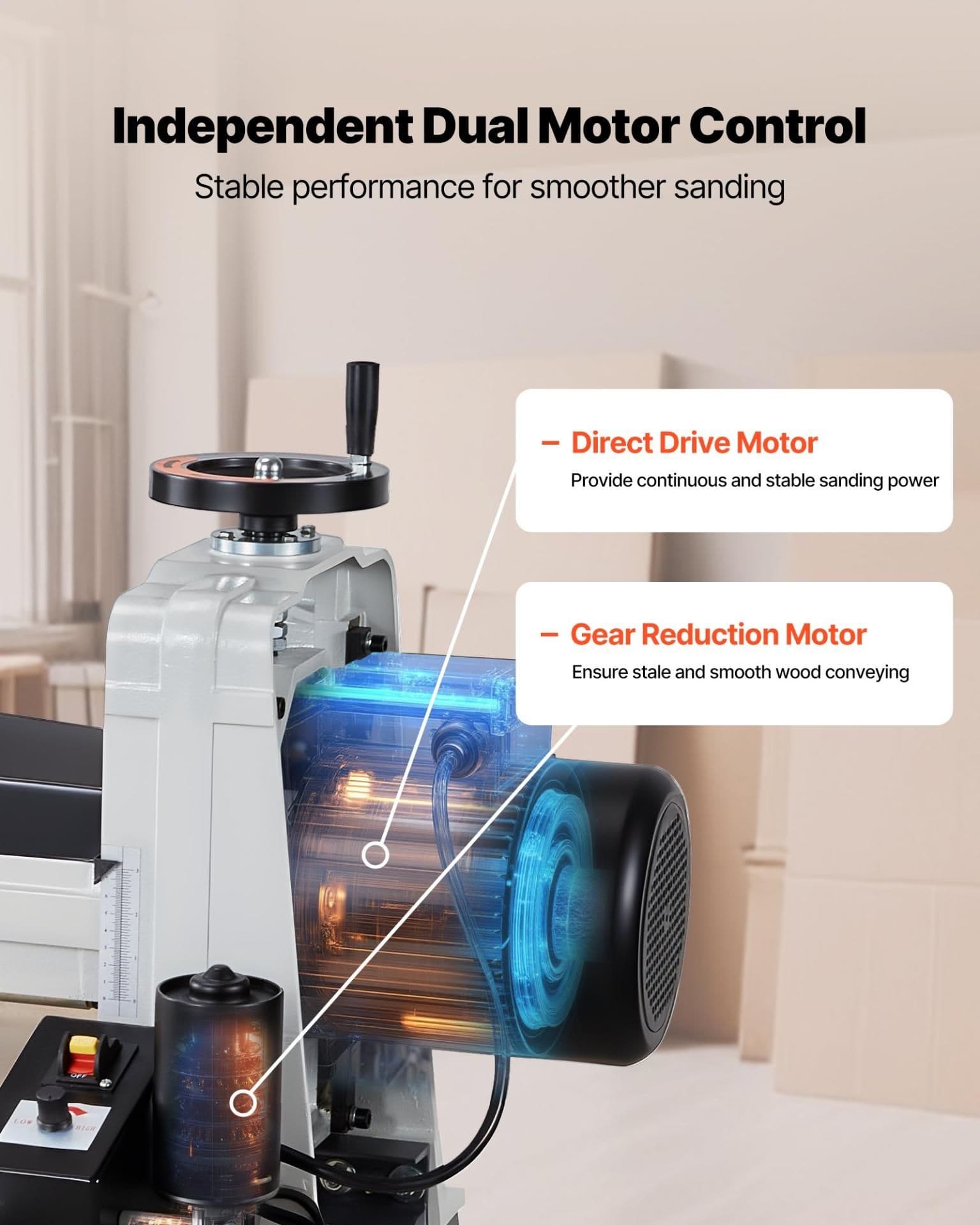 image-VEVOR 16" Drum Sander with Stand & Extension Tables, 1.5HP 1720RPM Dual Motor Drum Sander for Woodworking - Variable Speed Conveyor Belt, 4" Dust Collection Port for Cabinet & Furniture Finishing