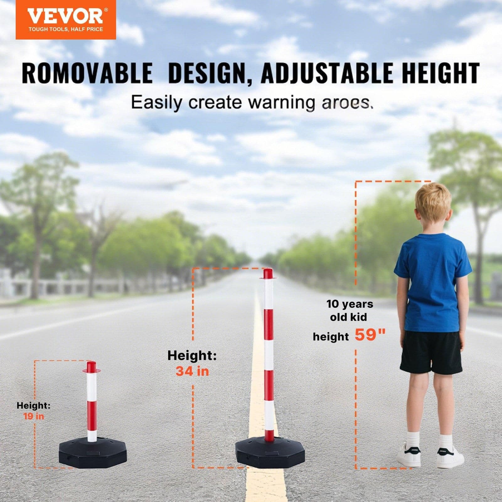 image-VEVOR Adjustable Traffic Delineator Post Cones, 6 Pack, Traffic Safety Delineator Barrier with Fillable Base 6.6FT Chain, for Traffic Control Warning Parking Lot Construction Caution Roads, Red&White