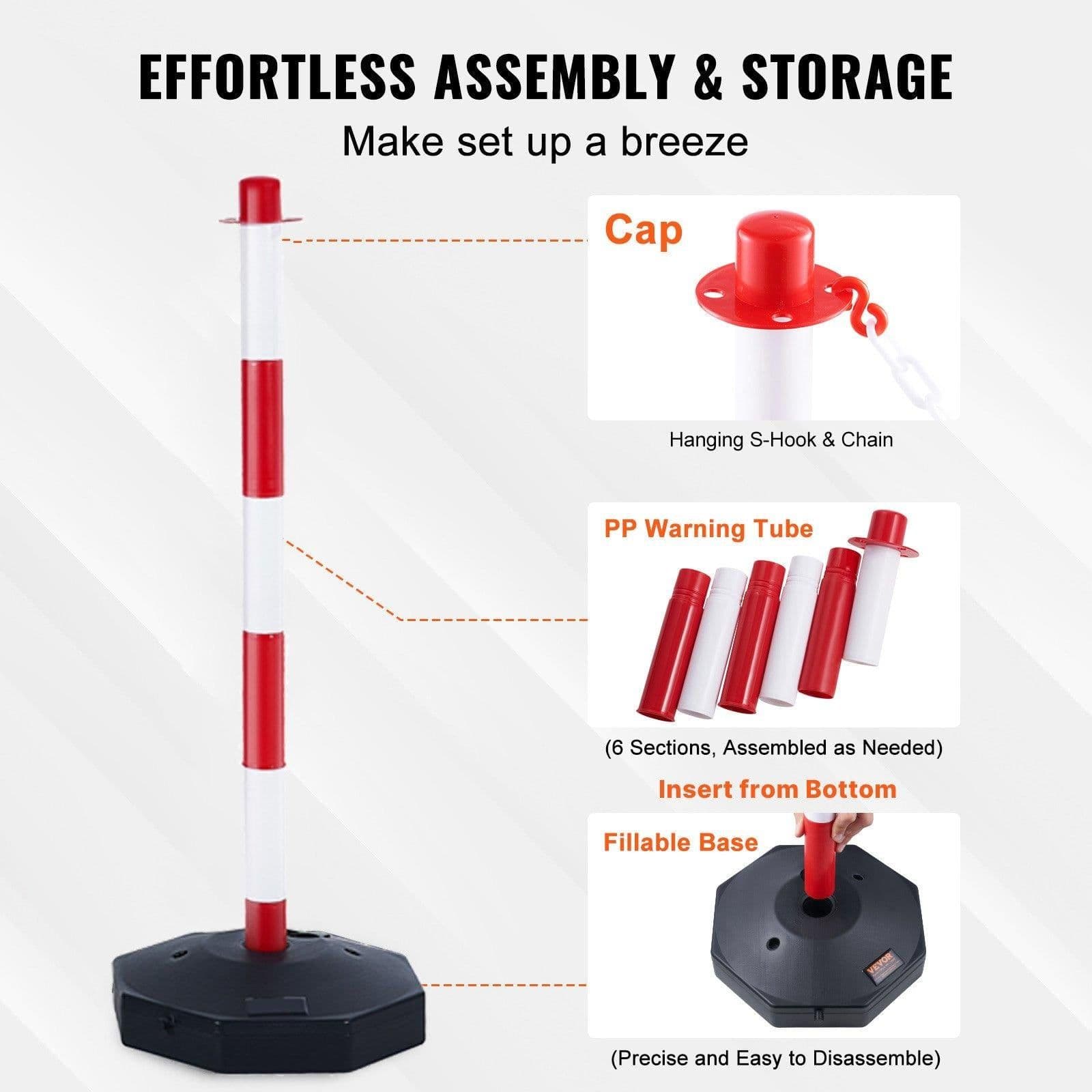 image-VEVOR Adjustable Traffic Delineator Post Cones, 6 Pack, Traffic Safety Delineator Barrier with Fillable Base 6.6FT Chain, for Traffic Control Warning Parking Lot Construction Caution Roads, Red&White
