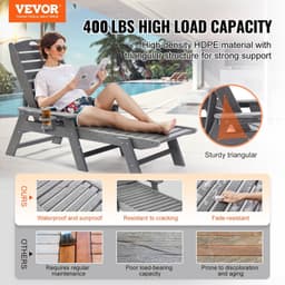 image-VEVOR Chaise Lounge Chair, 400 lbs Weight Capacity, 6 Positions Adjustable Patio Lounge Chair, Outdoor HDPE Lounge Chair with Backrest & Cup Holder, for Pool Poolside Deck Backyard Lawn, Gray