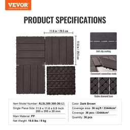 image-VEVOR Interlocking Deck Tiles, 36 Pack,11.6"x11.6" 36 sq. ft Plastic Waterproof Outdoor Flooring All Weather Use, Patio Floor Decking Covering Tiles for Porch Poolside Balcony Backyard, Dark Brown