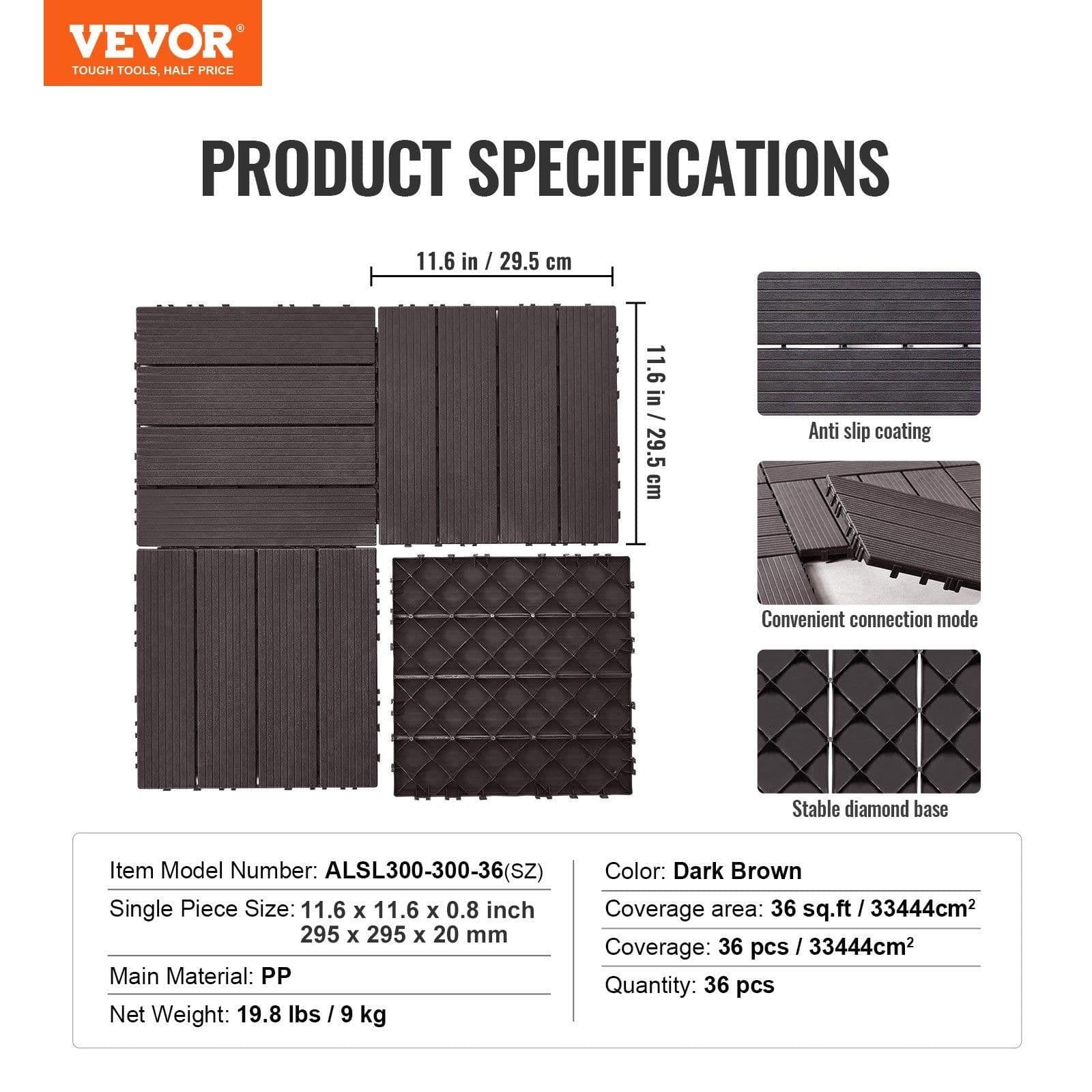 image-VEVOR Interlocking Deck Tiles, 36 Pack,11.6"x11.6" 36 sq. ft Plastic Waterproof Outdoor Flooring All Weather Use, Patio Floor Decking Covering Tiles for Porch Poolside Balcony Backyard, Dark Brown