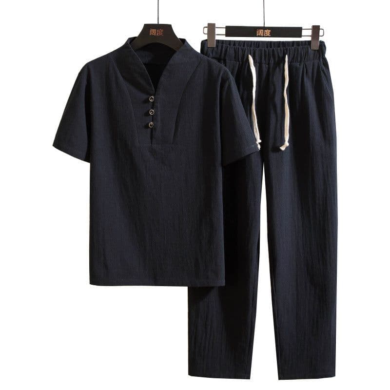 image-Chinese style 2022 summer linen suit men's cotton and linen short-sleeved T-shirt large size 9 points library pants suit