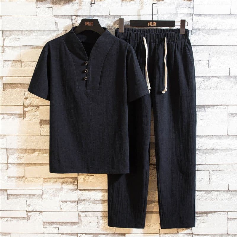 image-Chinese style 2022 summer linen suit men's cotton and linen short-sleeved T-shirt large size 9 points library pants suit