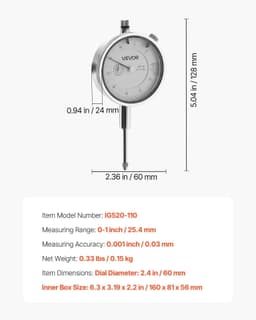 image-VEVOR Dial Test Indicator, 0.001 inch Accuracy, 0-1 inch Measuring Range, Easy to Read Large Dial, Professional for Internal Diameter Measurement, Runout Detection, Flatness Inspection