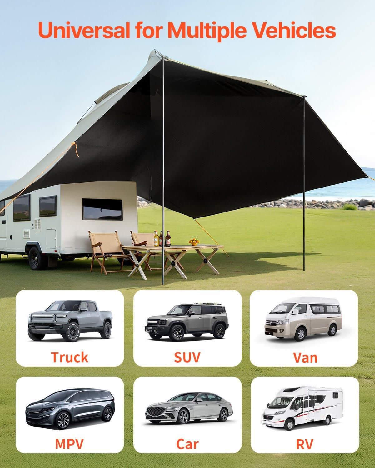 image-VEVOR Vehicle Awning, Large 10' x 7' Shade Coverage Car Side Awning, PU2000mm UV50+ Car Awning with Extended Side Canopies and Portable Storage Bag, Suitable for Truck, SUV, Van, Campers