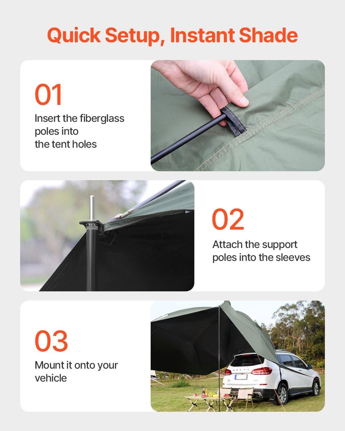 image-VEVOR Vehicle Awning, Large 10' x 7' Shade Coverage Car Side Awning, PU2000mm UV50+ Car Awning with Extended Side Canopies and Portable Storage Bag, Suitable for Truck, SUV, Van, Campers