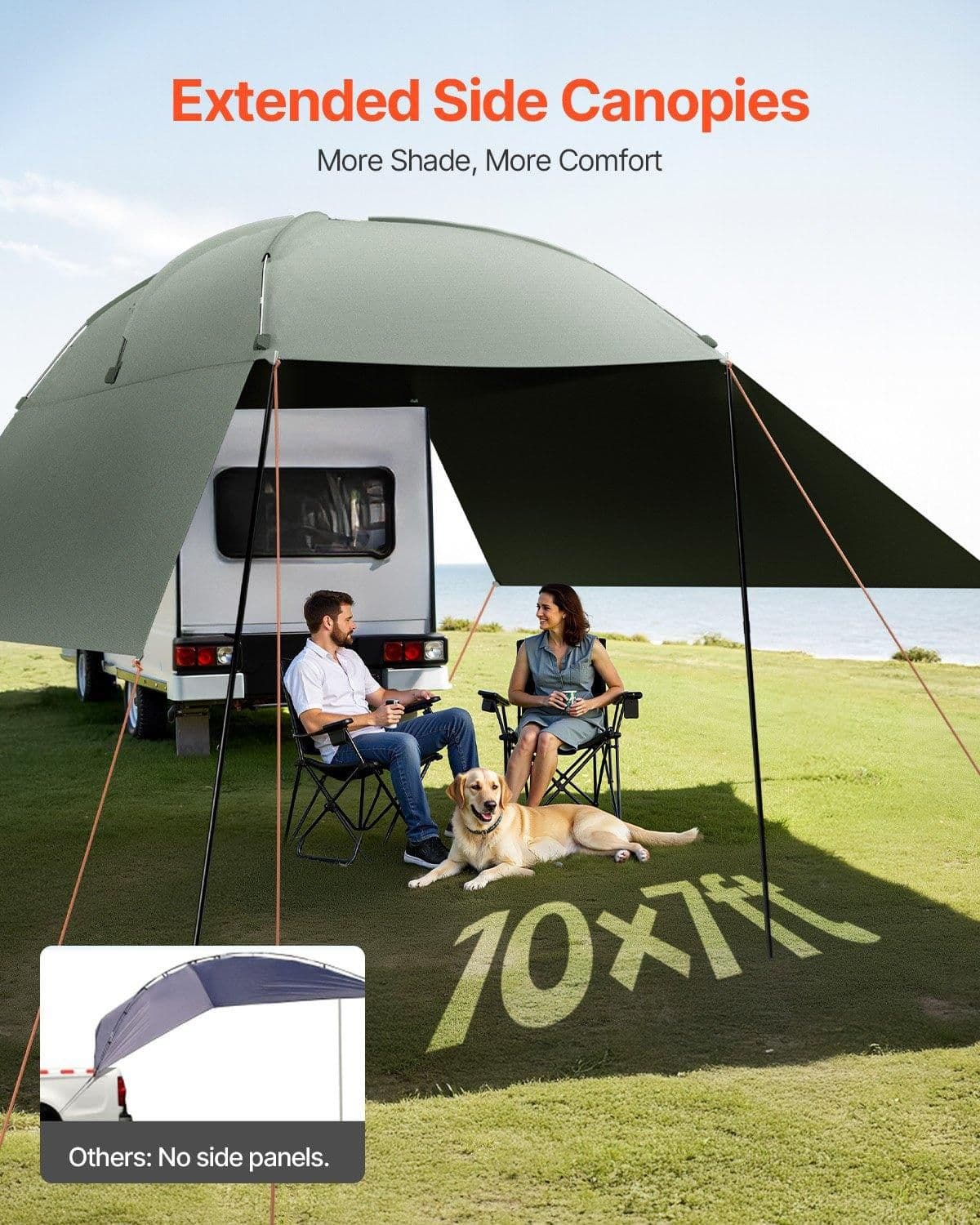 image-VEVOR Vehicle Awning, Large 10' x 7' Shade Coverage Car Side Awning, PU2000mm UV50+ Car Awning with Extended Side Canopies and Portable Storage Bag, Suitable for Truck, SUV, Van, Campers