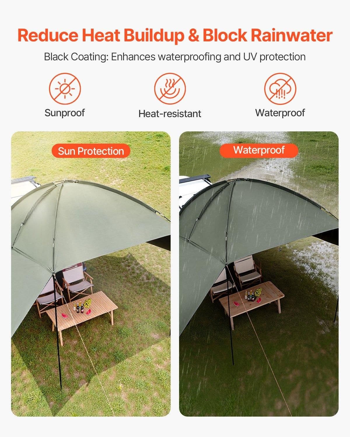 image-VEVOR Vehicle Awning, Large 10' x 7' Shade Coverage Car Side Awning, PU2000mm UV50+ Car Awning with Extended Side Canopies and Portable Storage Bag, Suitable for Truck, SUV, Van, Campers