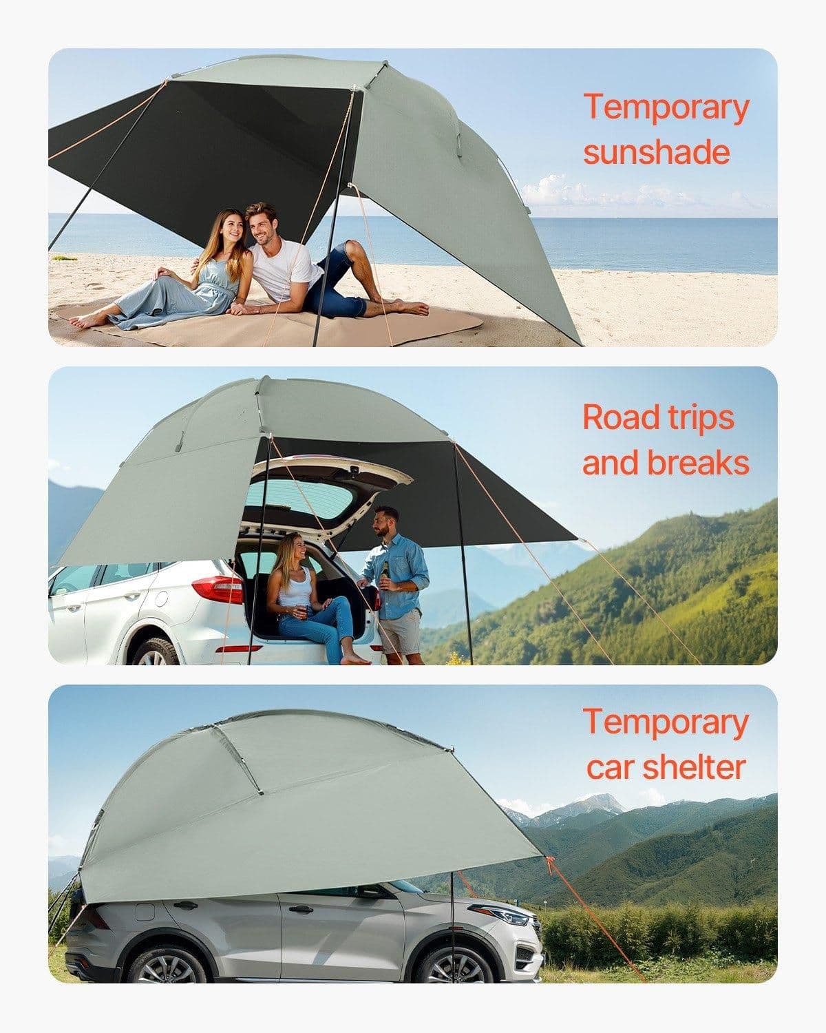 image-VEVOR Vehicle Awning, Large 10' x 7' Shade Coverage Car Side Awning, PU2000mm UV50+ Car Awning with Extended Side Canopies and Portable Storage Bag, Suitable for Truck, SUV, Van, Campers