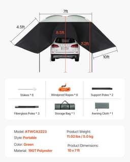 image-VEVOR Vehicle Awning, Large 10' x 7' Shade Coverage Car Side Awning, PU2000mm UV50+ Car Awning with Extended Side Canopies and Portable Storage Bag, Suitable for Truck, SUV, Van, Campers