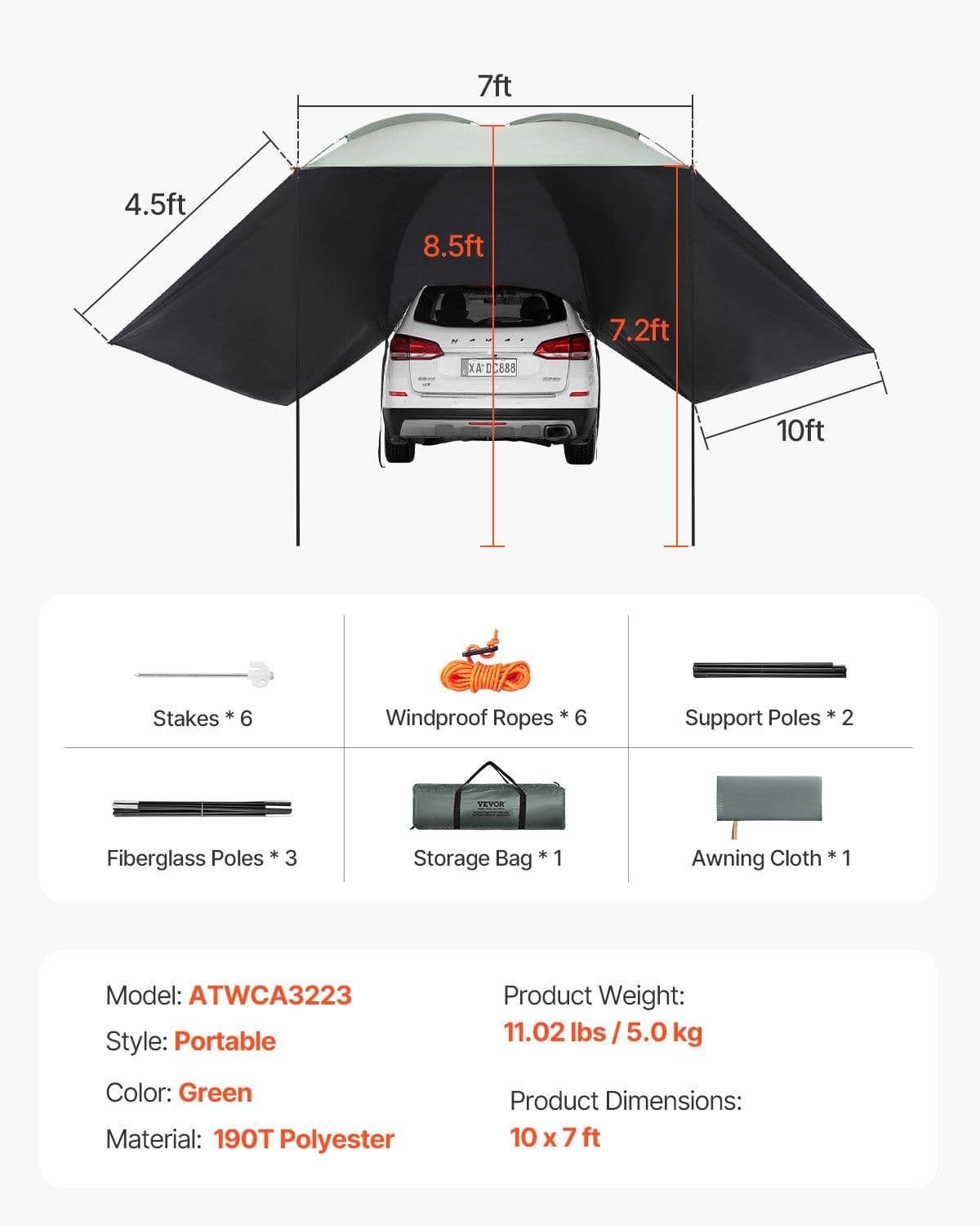 image-VEVOR Vehicle Awning, Large 10' x 7' Shade Coverage Car Side Awning, PU2000mm UV50+ Car Awning with Extended Side Canopies and Portable Storage Bag, Suitable for Truck, SUV, Van, Campers