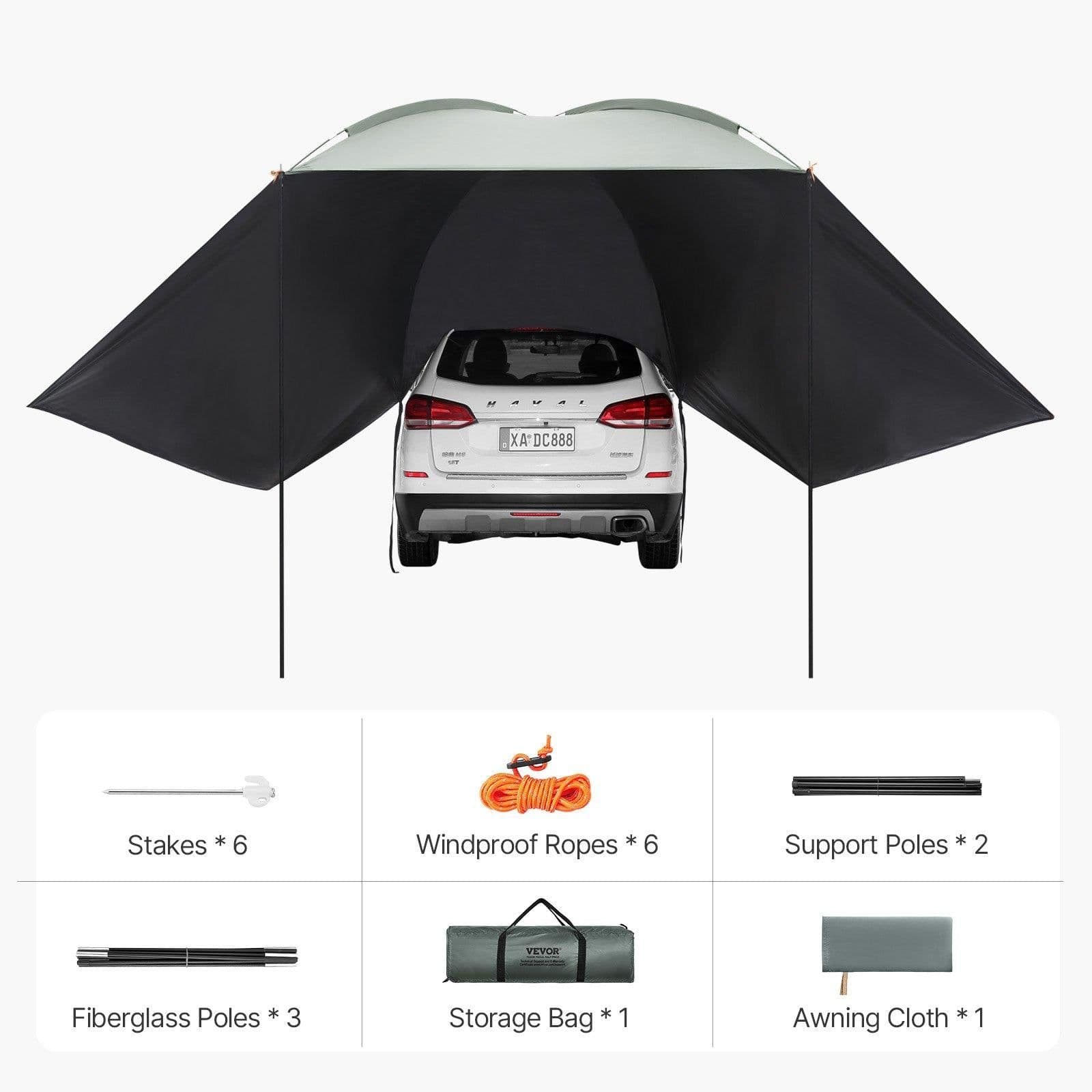 image-VEVOR Vehicle Awning, Large 10' x 7' Shade Coverage Car Side Awning, PU2000mm UV50+ Car Awning with Extended Side Canopies and Portable Storage Bag, Suitable for Truck, SUV, Van, Campers